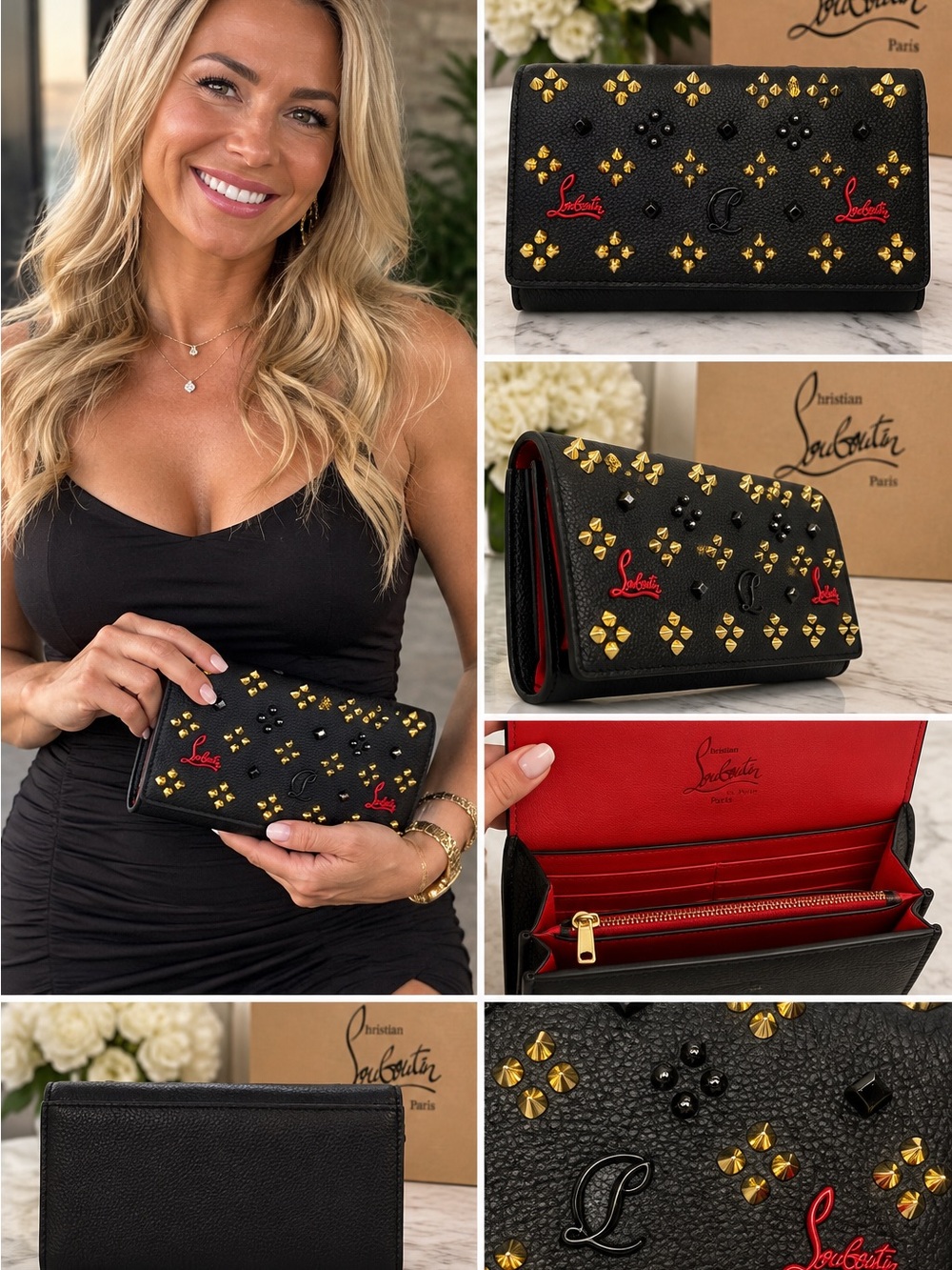 Black Leather Studded Continental Wallet with Red Interior